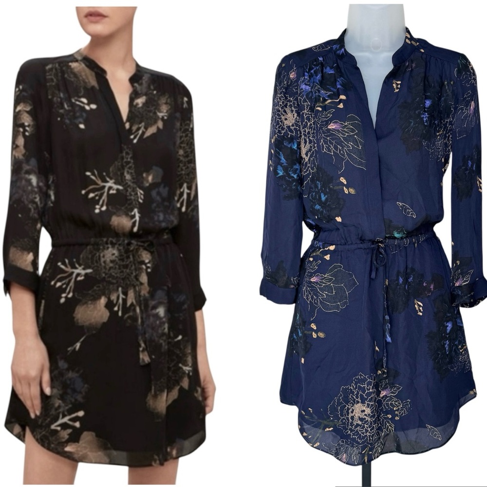 ARITZIA BABATON Women’s Bennett Navy Silk Floral Drawstring Long Sleeve Dress